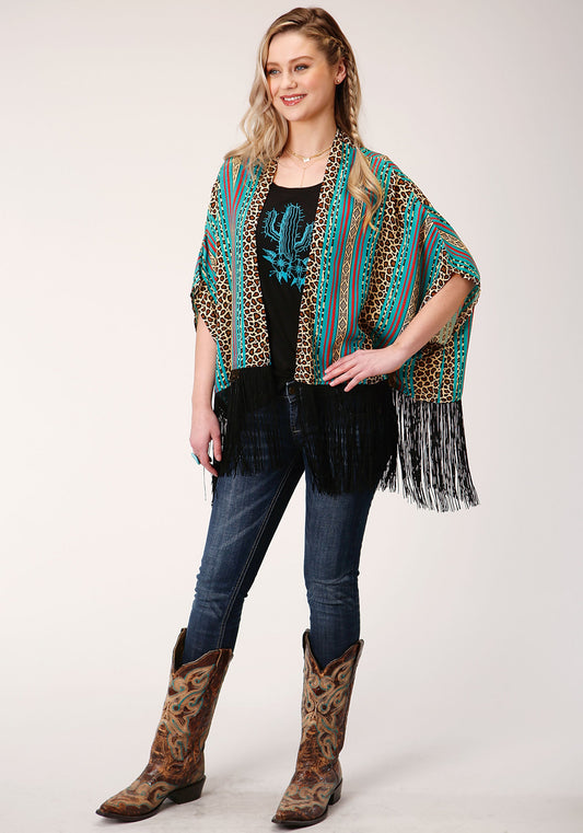 Roper Womens Leopard Stripe Print Rayon Poncho Cardigan - Roper