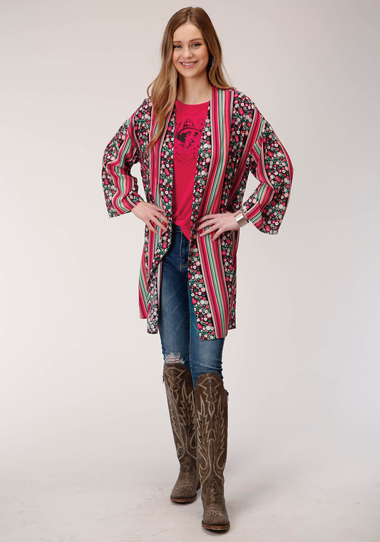 Roper Womens Floral Print Rayon Long Sleeve Kimono Cardigan - Roper