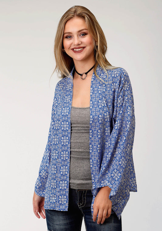 Roper Womens Blue Handkerchief Printed Long Sleeve Cardigan - Roper