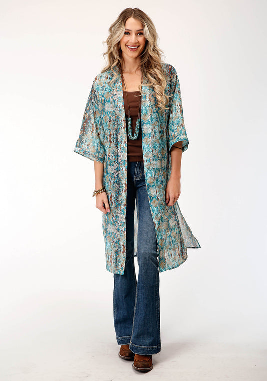 Roper Womens Poly Teal Snake Print Kimono Cardigan