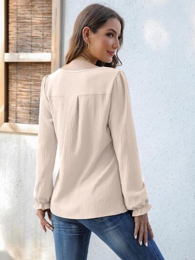 Notched Flounce Sleeve Blouse - Flyclothing LLC