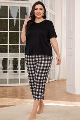 V-Neck Tee and Plaid Cropped Pants Lounge Set - Flyclothing LLC