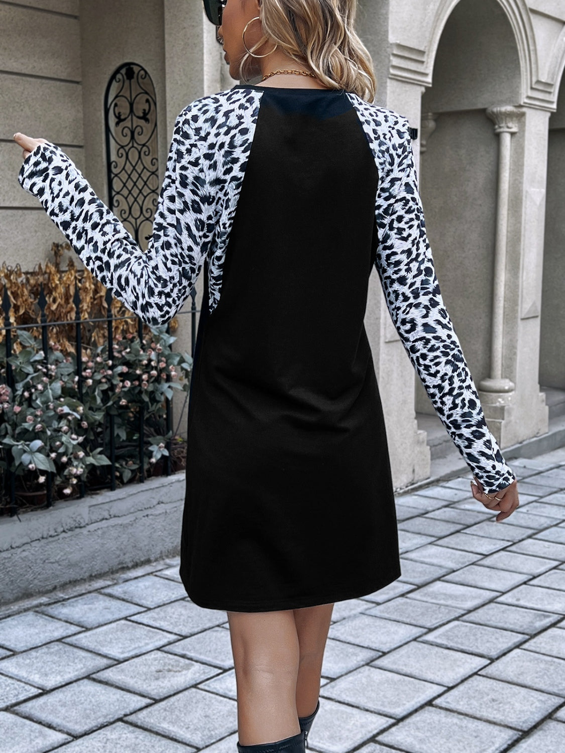 Leopard Round Neck Long Sleeve Dress - Flyclothing LLC