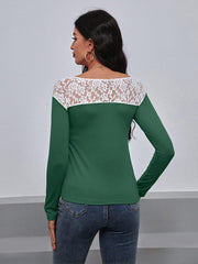 Lace Trim Long Sleeve Round Neck Tee - Trendsi