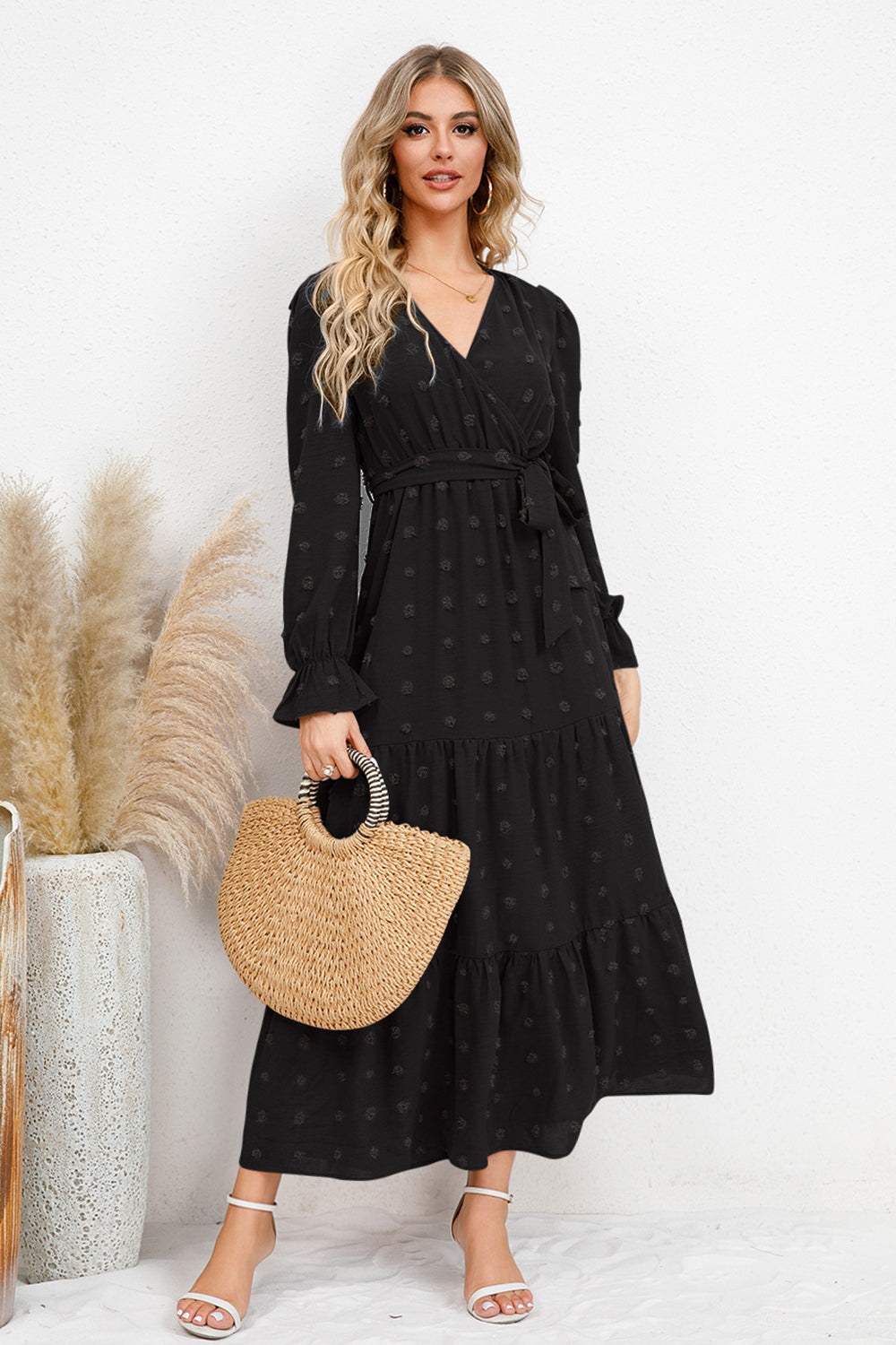 Swiss Dot Tied Surplice Flounce Sleeve Dress - Flyclothing LLC