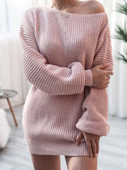 Rib-Knit Balloon Sleeve Boat Neck Sweater Dress - Flyclothing LLC