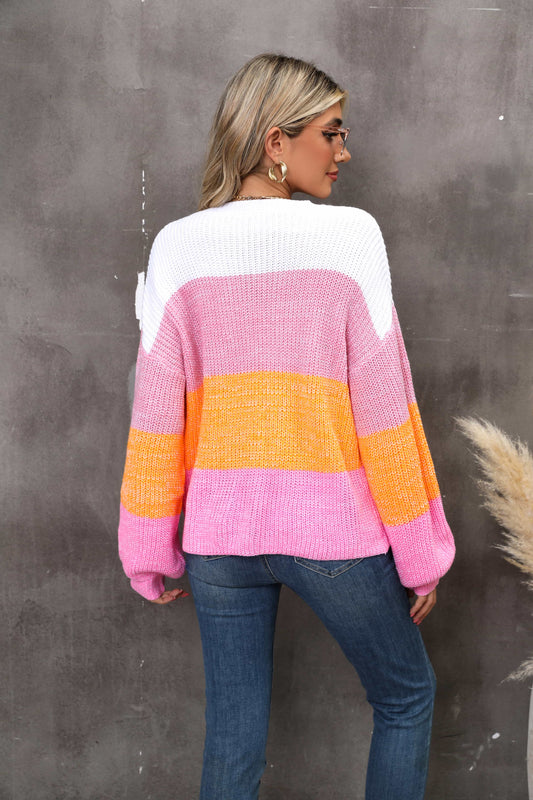 Color Block Round Neck Dropped Shoulder Sweater - Flyclothing LLC