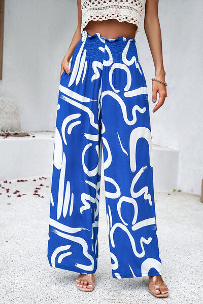 Smocked Printed Wide Leg Pants with Pockets - Flyclothing LLC