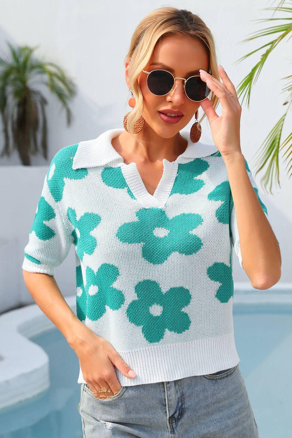 Floral Johnny Collar Half Sleeve Knit Top - Flyclothing LLC