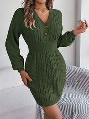 Buttoned Cable-Knit V-Neck Sweater Dress - Flyclothing LLC