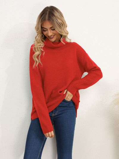 Slit Turtleneck Dropped Shoulder Sweater - Flyclothing LLC