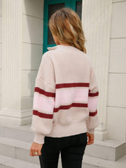 Striped Quarter-Zip Lantern Sleeve Sweater - Flyclothing LLC