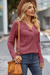 Ribbed Half Button Long Sleeve Knit Top - Trendsi