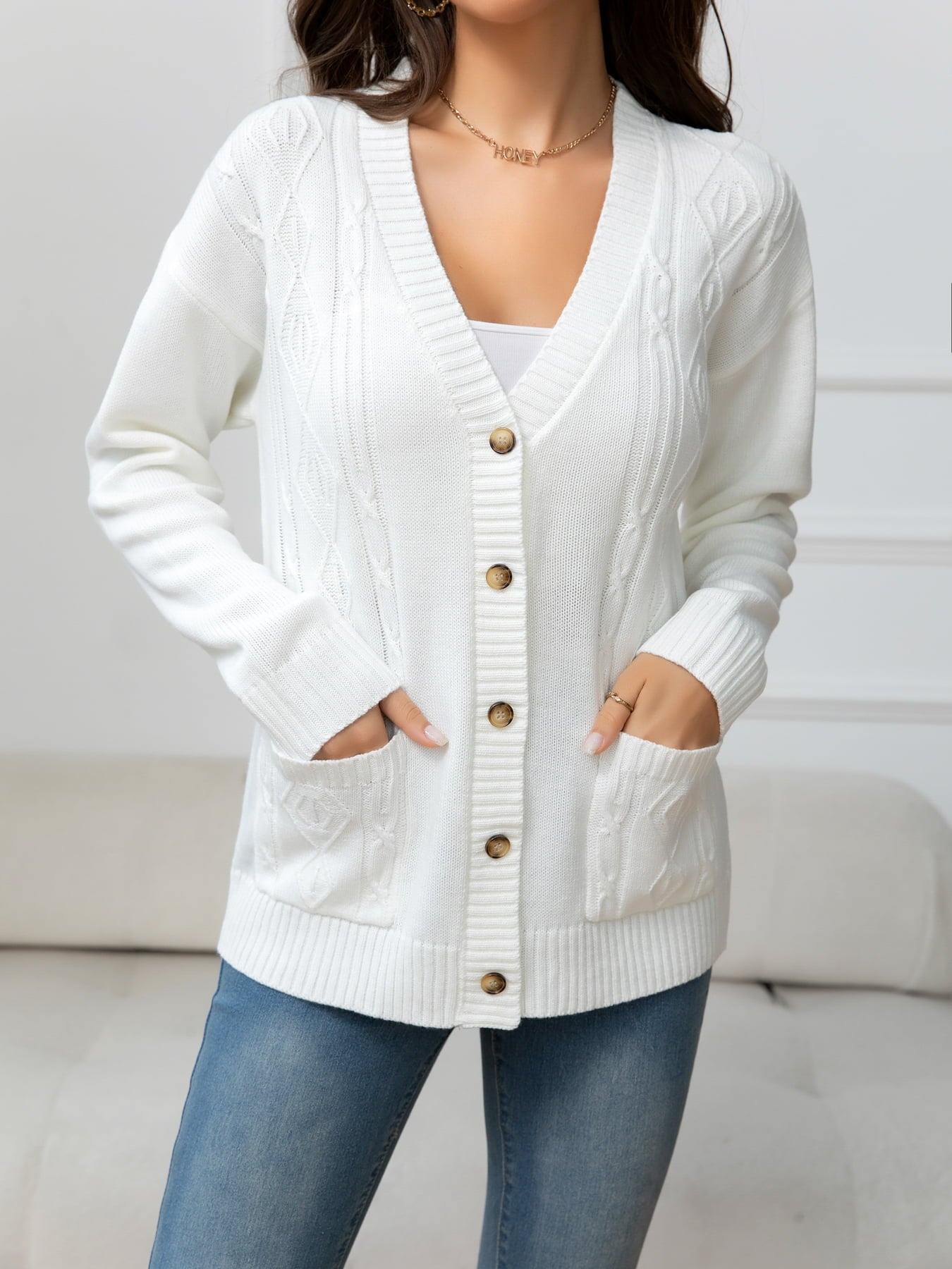 V-Neck Long Sleeve Buttoned Knit Top with Pocket - Flyclothing LLC