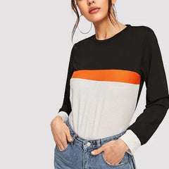 Color Block Round Neck Long Sleeve Tee - Flyclothing LLC