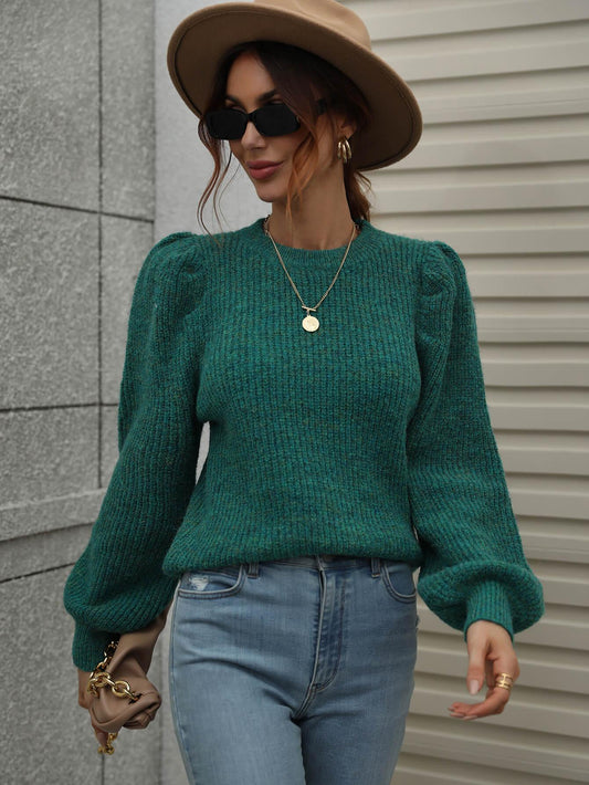 Heathered Long Lantern Sleeve Rib-Knit Sweater - Trendsi