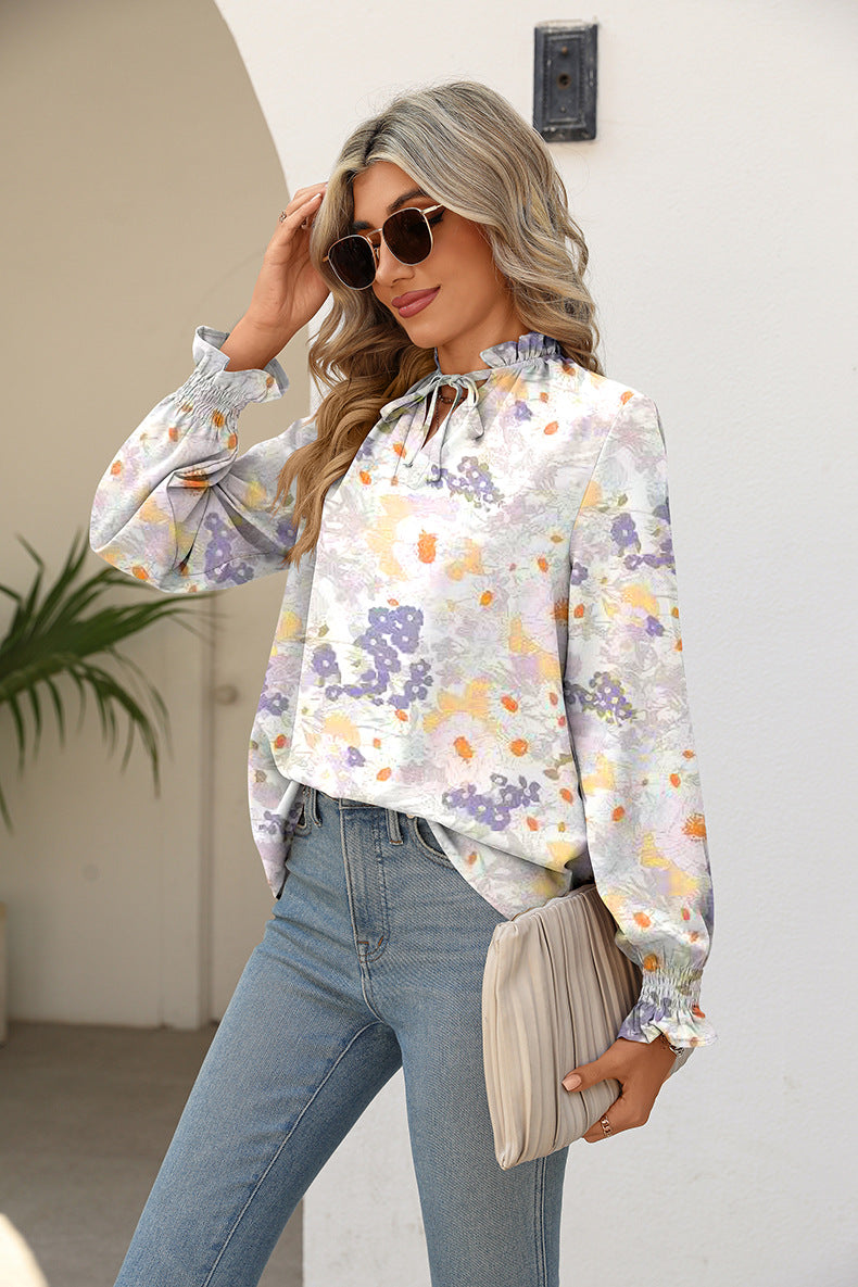 Printed Tie Neck Flounce Sleeve Blouse - Flyclothing LLC