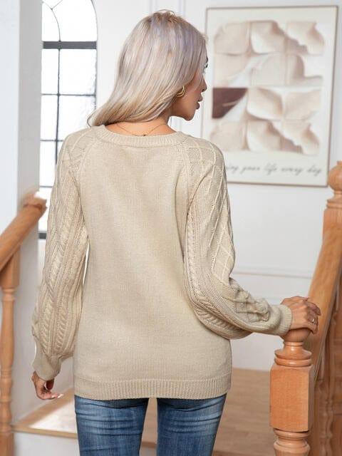 Cable-Knit Round Neck Buttoned Sweater - Trendsi