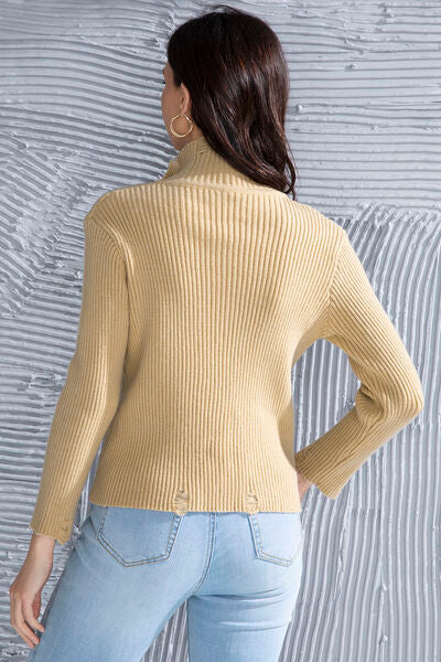 Ribbed Long Sleeve Slit Distressed Sweater - Flyclothing LLC