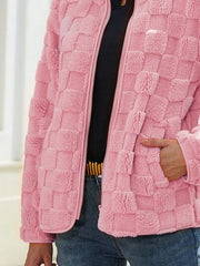 Fuzzy Checkered Zip Up Jacket - Flyclothing LLC