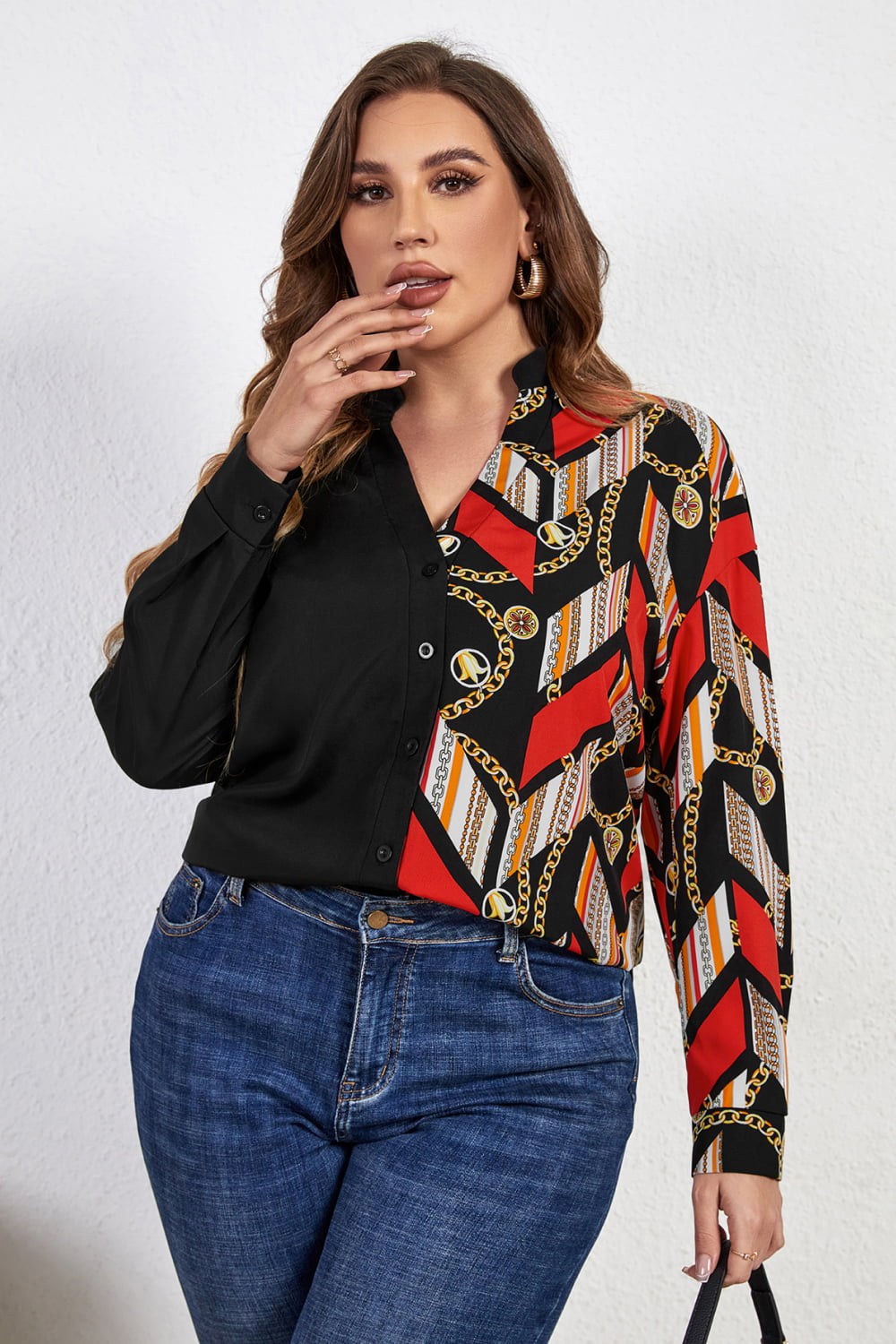 Plus Size Contrast Color Notched Neck Shirt - Flyclothing LLC