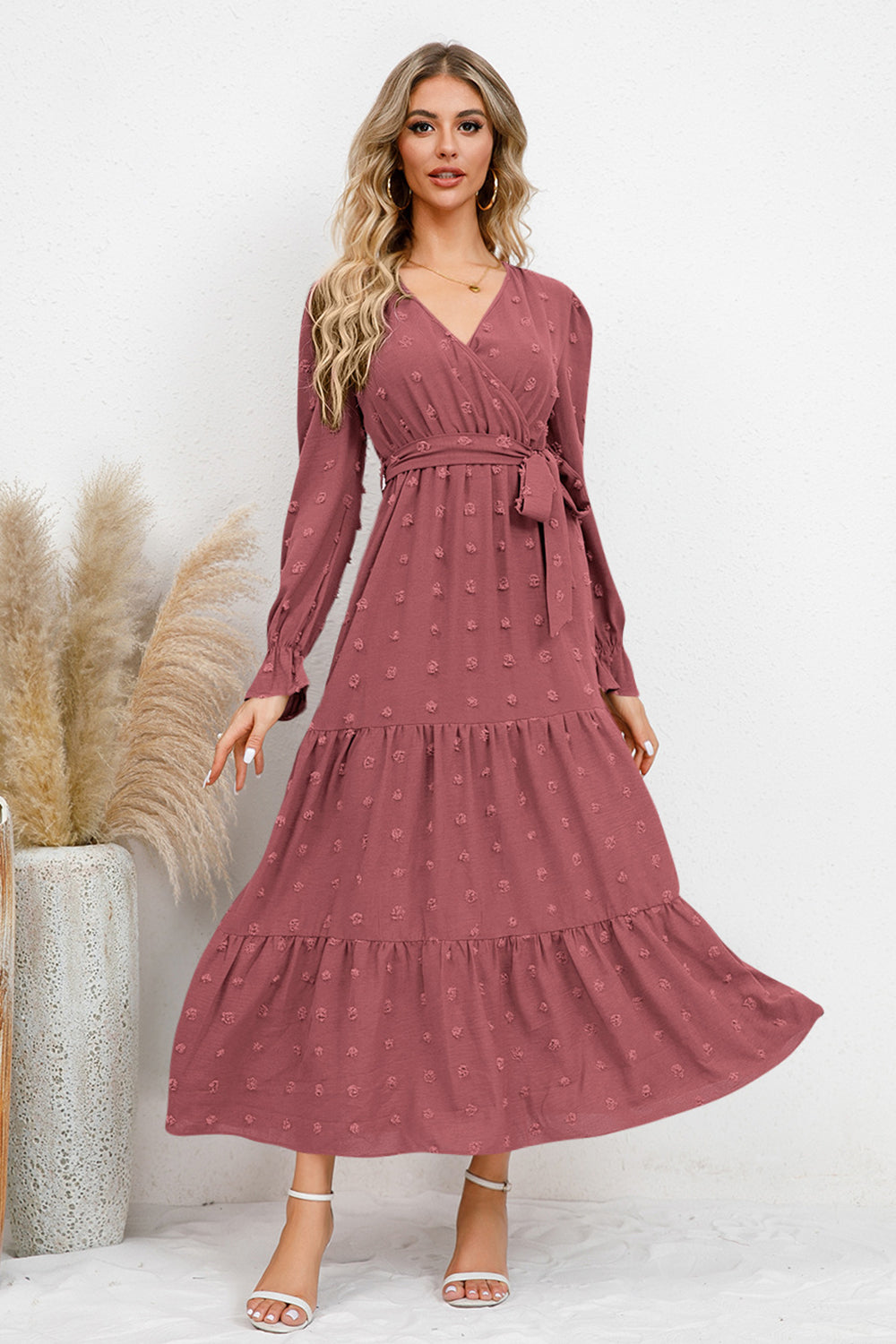 Swiss Dot Tied Surplice Flounce Sleeve Dress - Flyclothing LLC