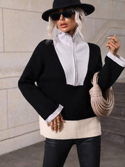 Color Block Half-Zip Dropped Shoulder Knit Pullover - Trendsi