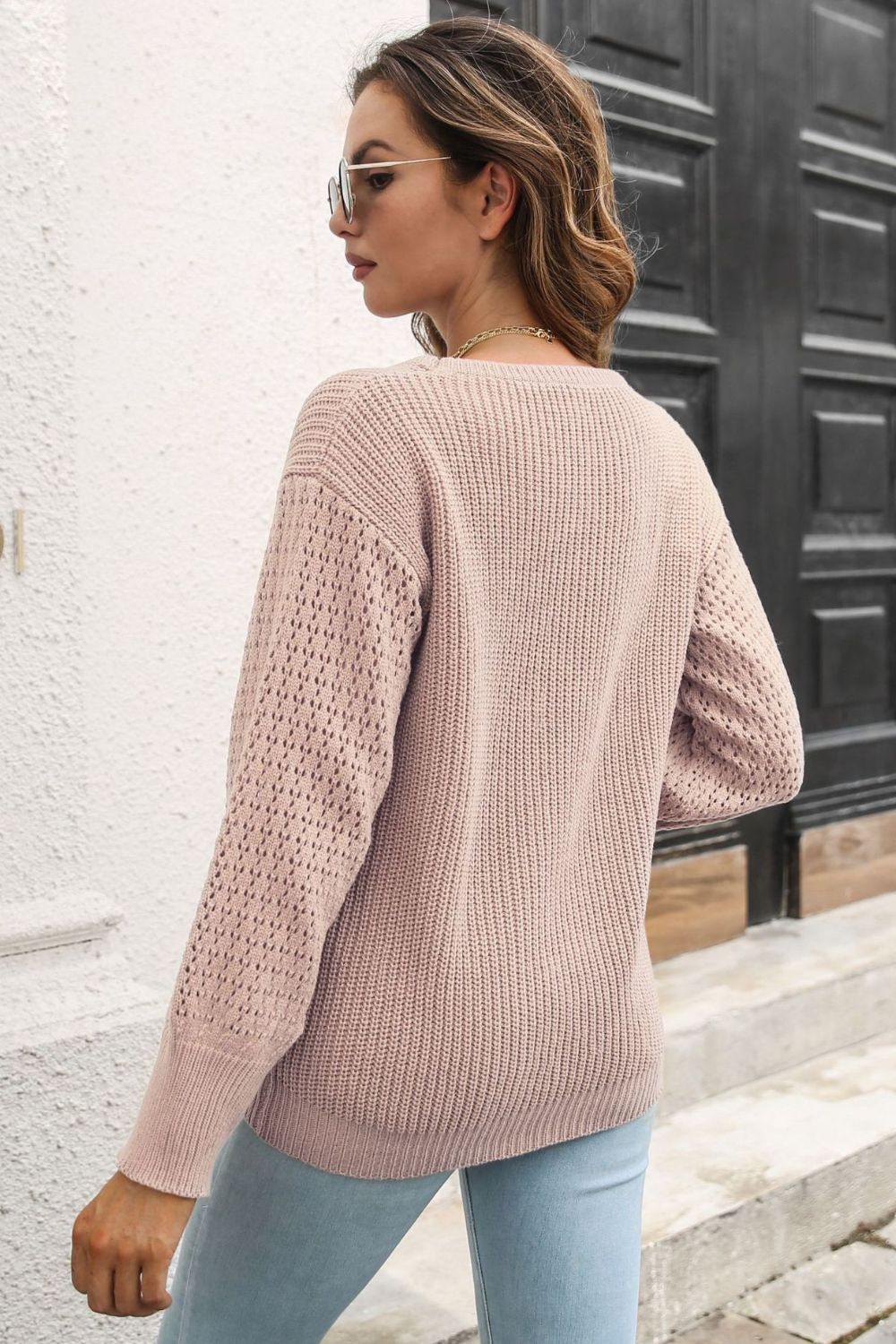 Ribbed Openwork Sleeve Round Neck Pullover Sweater - Flyclothing LLC