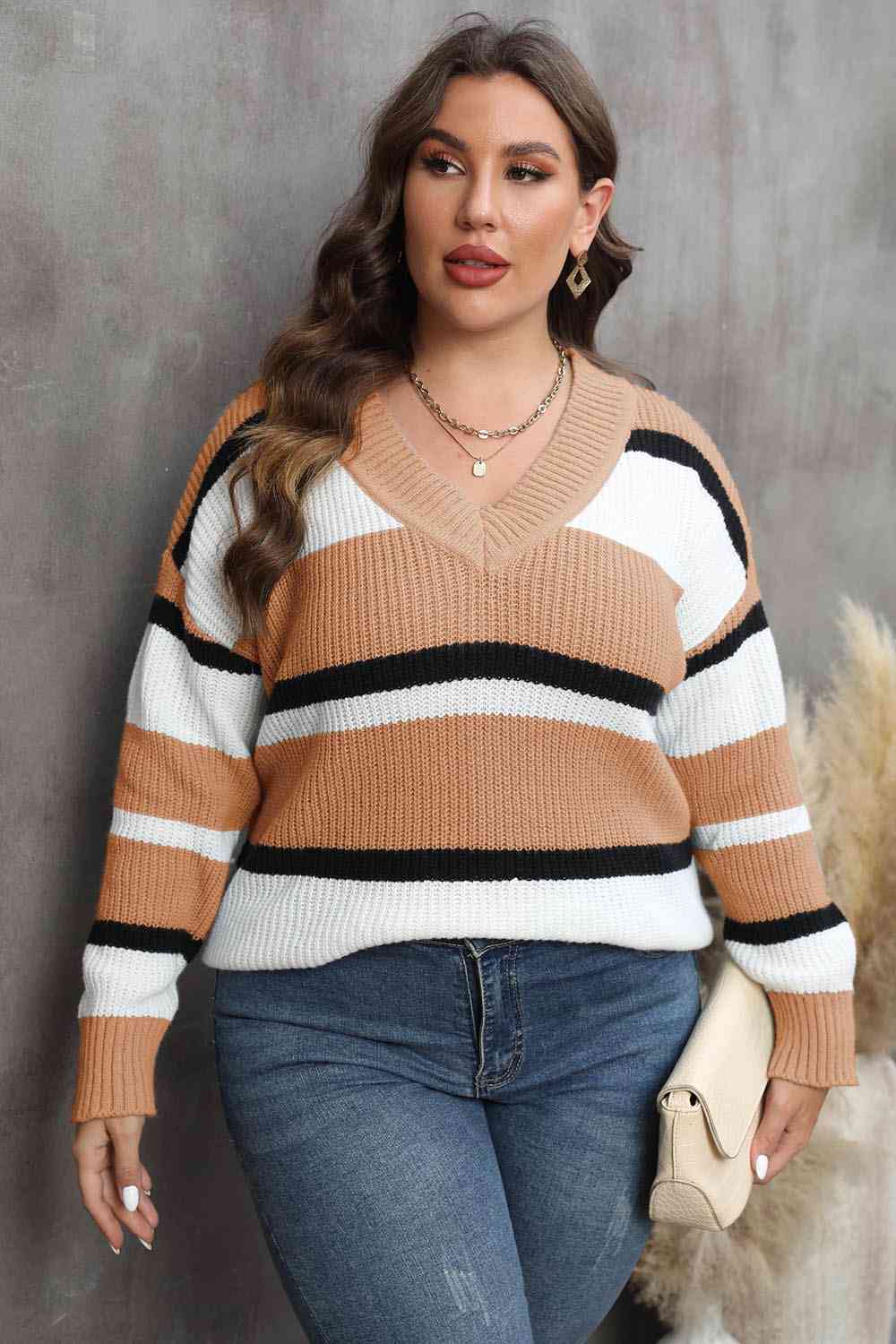 Plus Size Striped V-Neck Dropped Shoulder Sweater - Flyclothing LLC