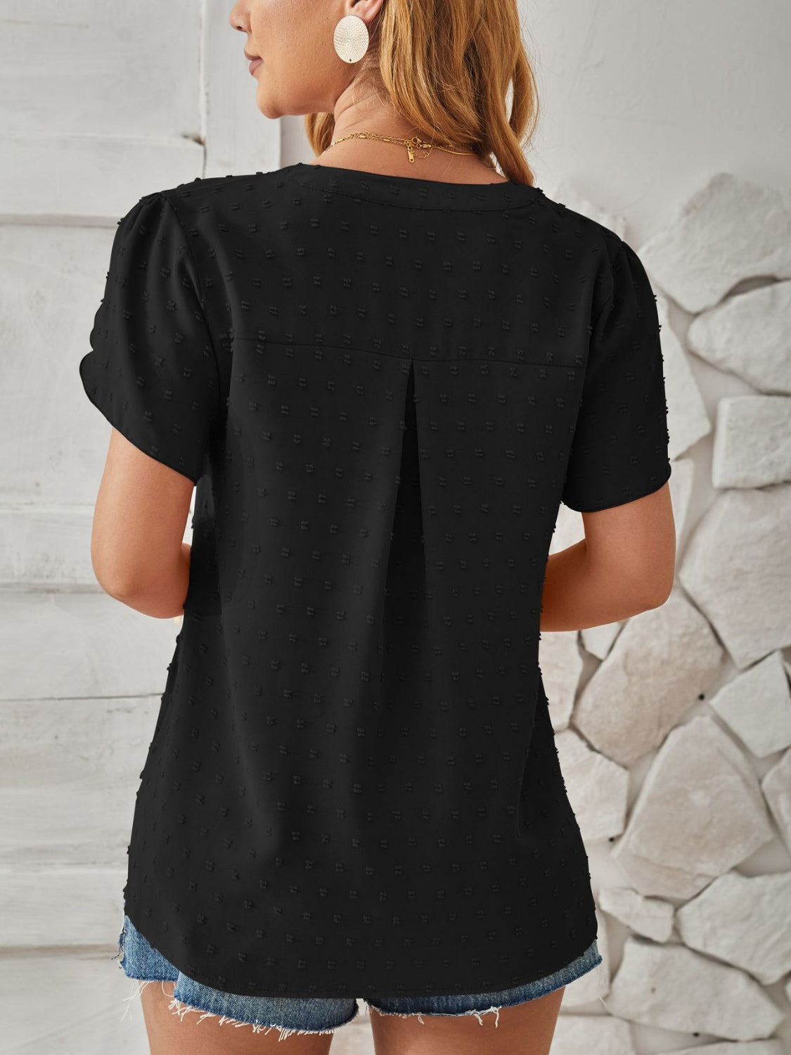 Swiss Dot Notched Petal Sleeve T-Shirt - Flyclothing LLC