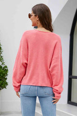 V-Neck Drop Shoulder Long Sleeve Knit Top - Flyclothing LLC