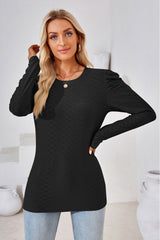 Round Neck Puff Sleeve Blouse - Flyclothing LLC