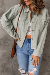 Raw Hem Button Down Corduroy Jacket with Pockets - Flyclothing LLC