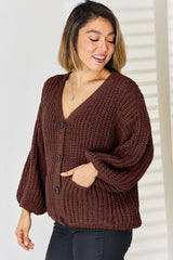 Pocketed Button Up Dropped Shoulder Cardigan - Flyclothing LLC