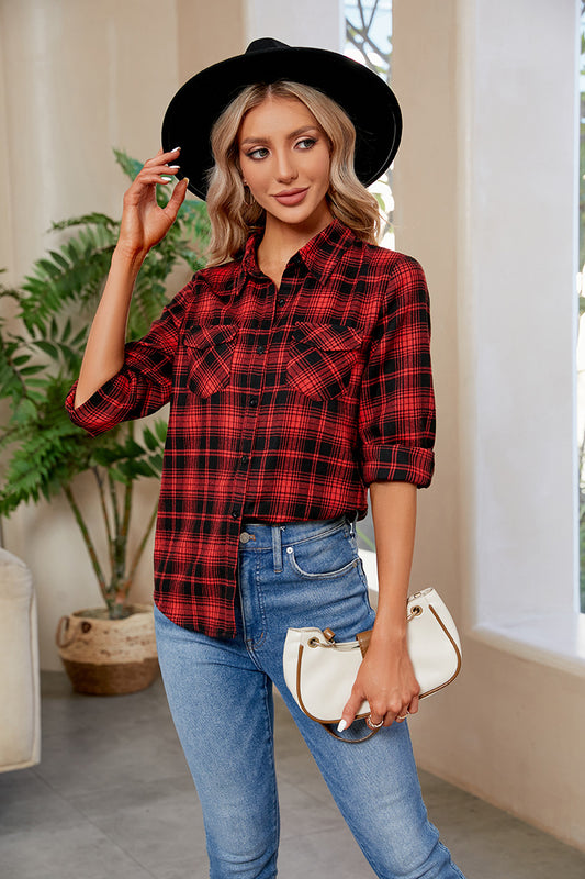 Plaid Curved Hem Long Sleeve Shirt - Flyclothing LLC