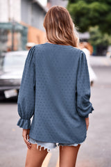 Swiss Dot Notched Neck Flounce Sleeve Blouse - Flyclothing LLC