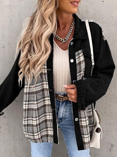 Plaid Button Up Dropped Shoulder Jacket - Flyclothing LLC