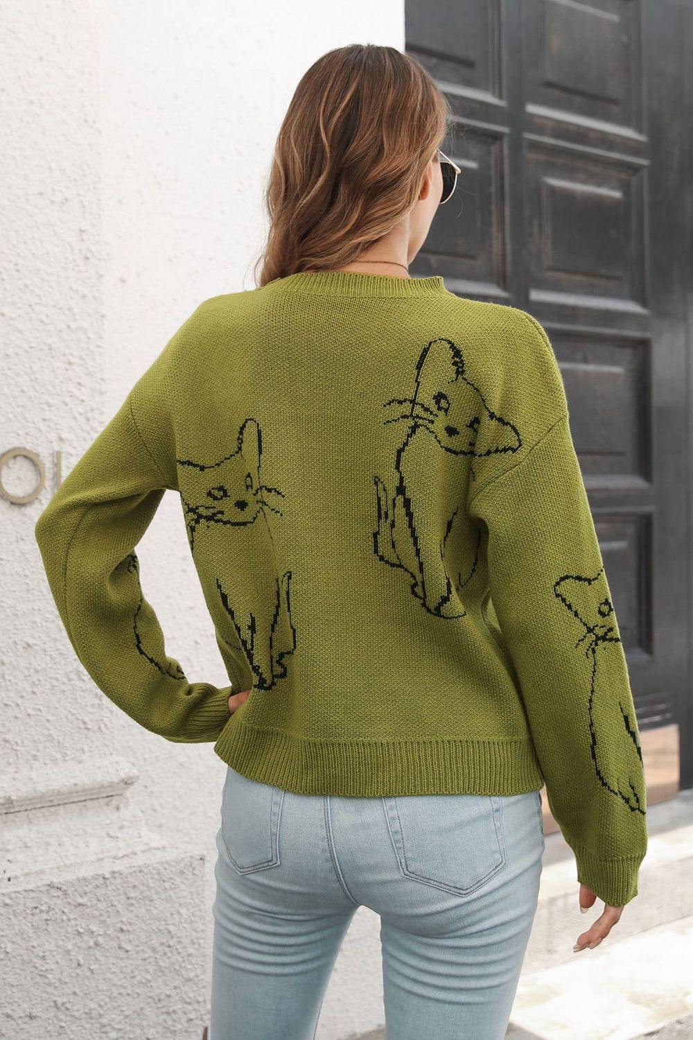 Cat Pattern Round Neck Long Sleeve Pullover Sweater - Flyclothing LLC