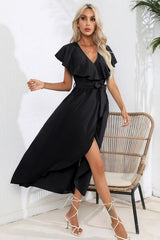 Ruffled Tied V-Neck Midi Dress - Flyclothing LLC