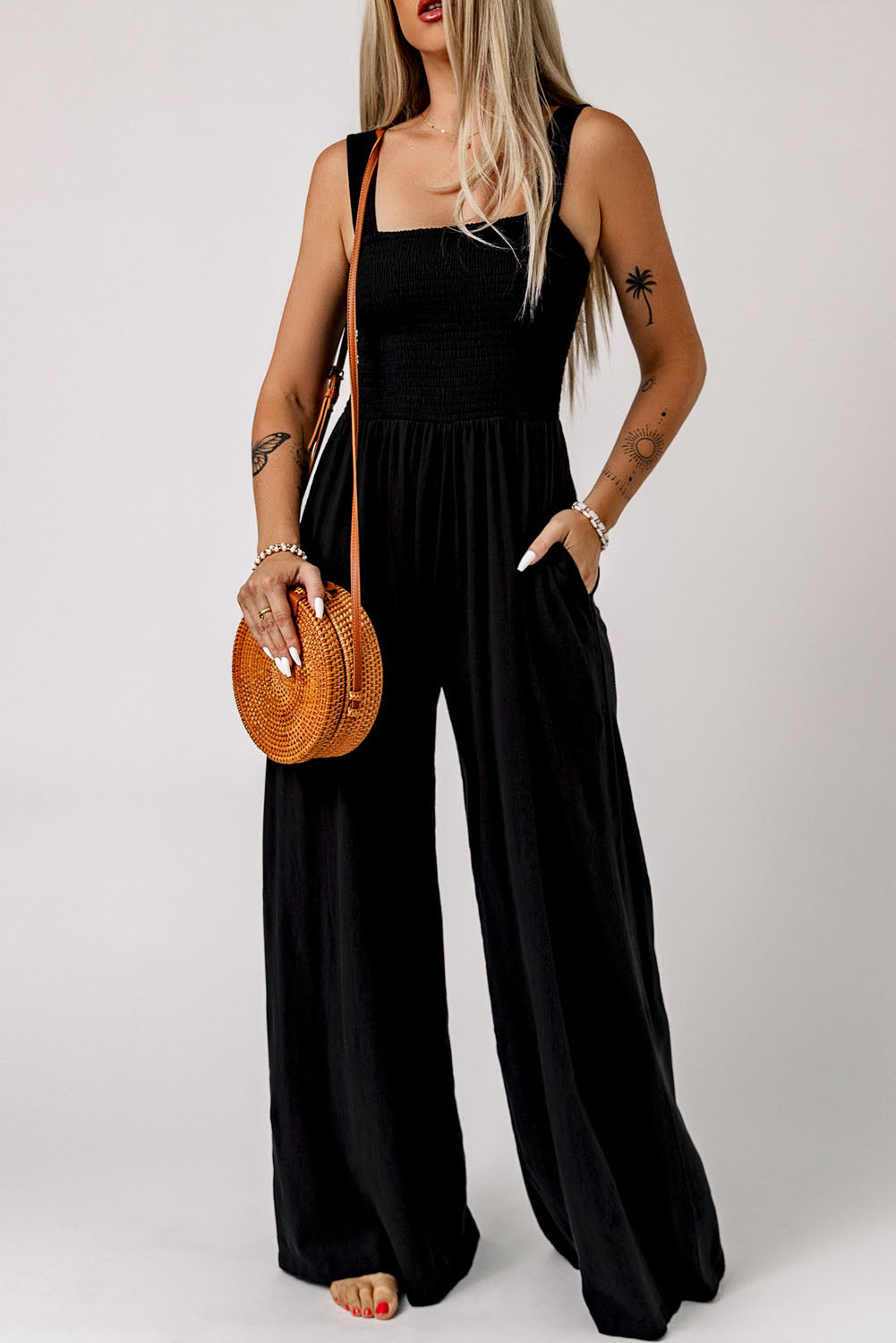 Smocked Square Neck Wide Leg Jumpsuit with Pockets - Flyclothing LLC