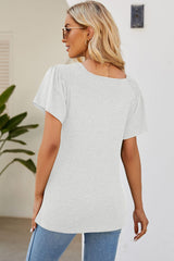 Smocked Round Neck Flutter Sleeve T-Shirt - Flyclothing LLC