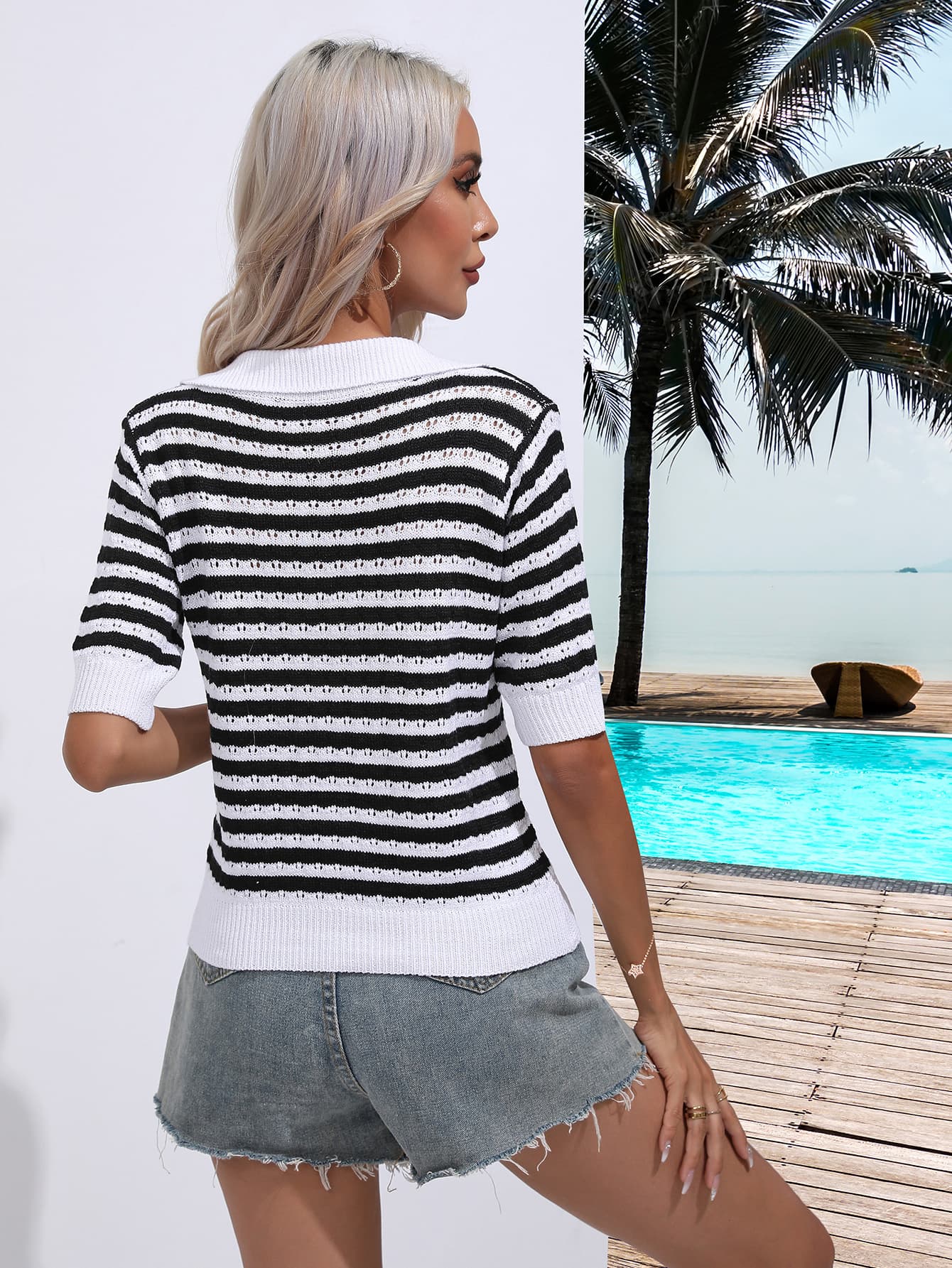 Striped Johnny Collar Half Sleeve Knit Top - Flyclothing LLC