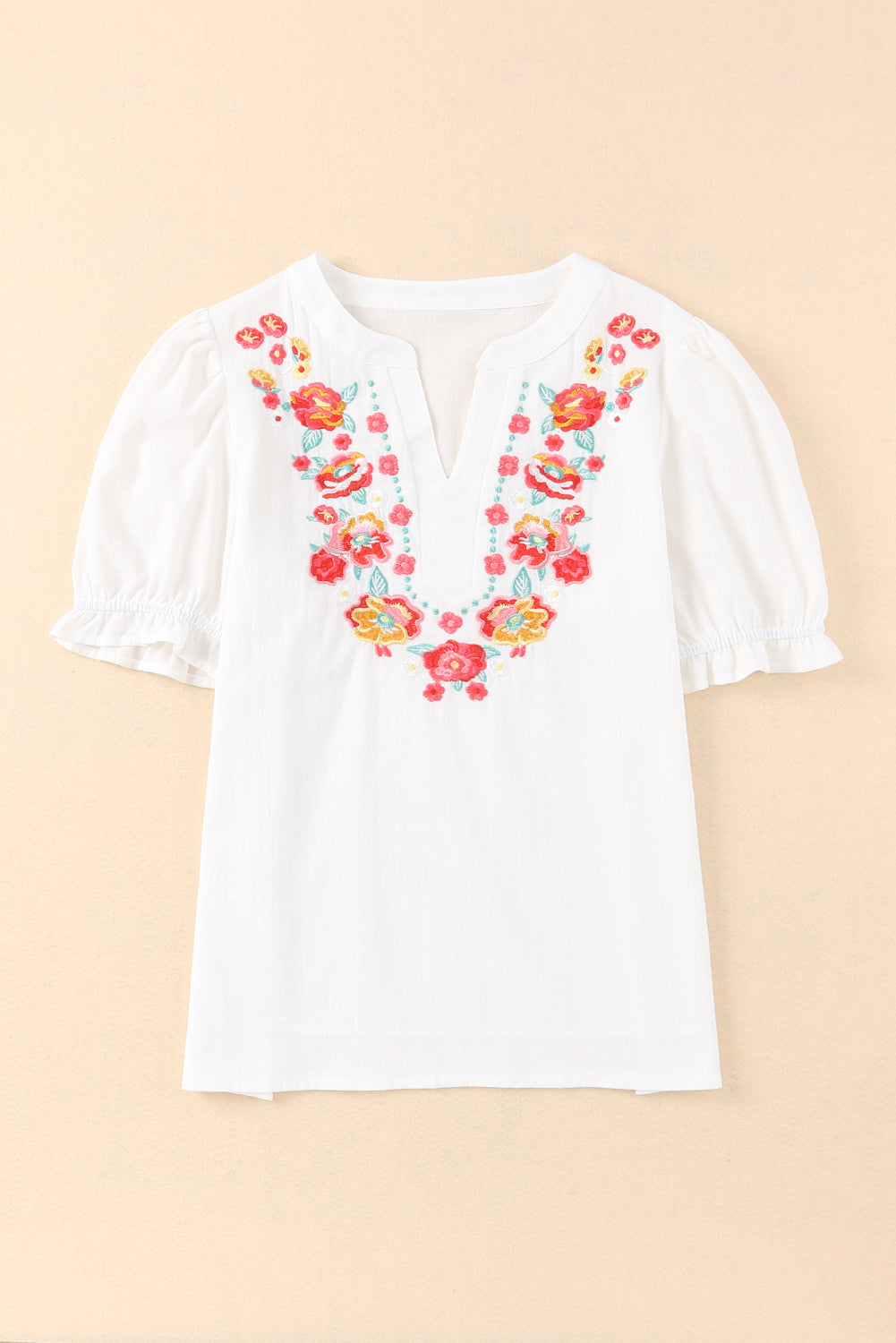 Embroidered Notched Neck Flounce Sleeve Top - Flyclothing LLC