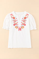 Embroidered Notched Neck Flounce Sleeve Top - Flyclothing LLC