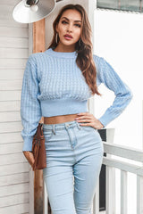 Round Neck Long Sleeve Cropped Sweater - Flyclothing LLC