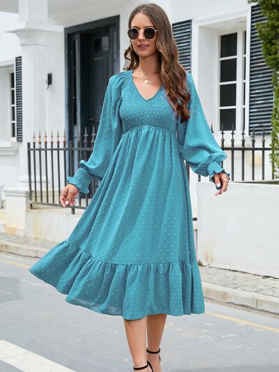 Swiss Dot V-Neck Smocked Lantern Sleeve Ruffle Hem Dress - Flyclothing LLC