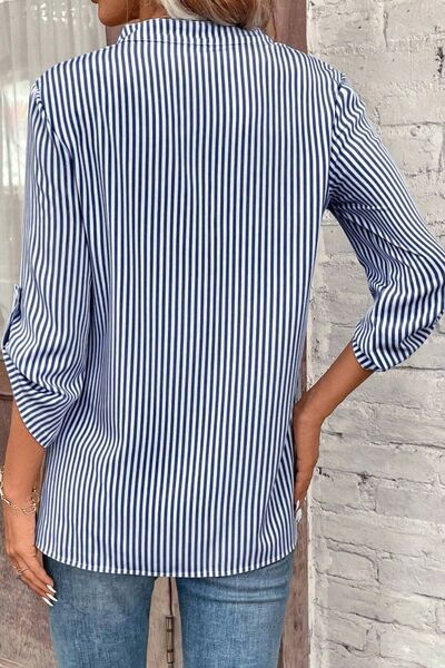 Striped Notched Roll-Tab Sleeve Shirt - Flyclothing LLC