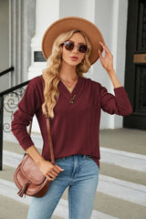 Decorative Button V-Neck Long Sleeve T-Shirt - Flyclothing LLC