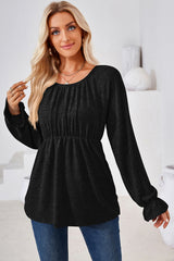 Ruched Round Neck Flounce Sleeve Blouse - Flyclothing LLC