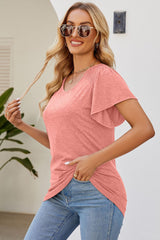 Smocked Round Neck Flutter Sleeve T-Shirt - Flyclothing LLC